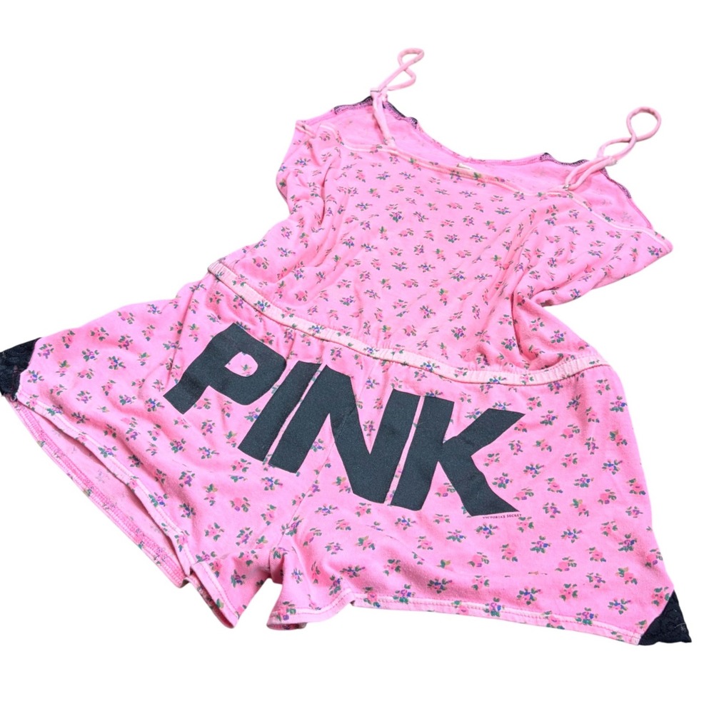 Victorias Secret PINK Floral Romper Sleepwear Pink Black Logo Lace Trim XS